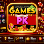 Gamespk feature image with red background gold frame logo coins gifts and mobile gaming interface