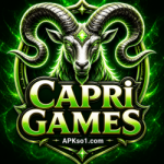 Capri Games logo with green glowing ram head and bold stylish text in center with APKs01.com below