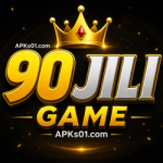 90Jili Game logo with gold crown bold 3D text coins and APKs01.com branding on top