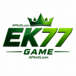 EK77 Game green logo with crown bold text and APKs01.com branding on white background